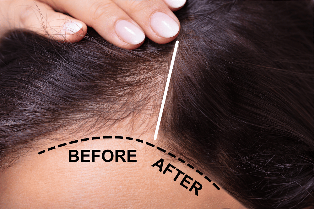 Close-up of a woman's scalp showing before and after hair transplant results, with visibly thicker hairline on the right